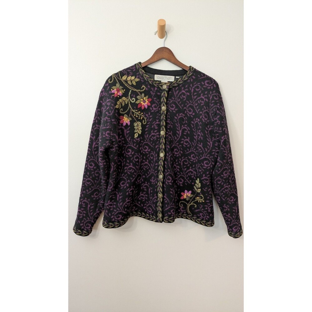 ​VTG Nordic Design Floral Lambs Wool Cardigan Jacket L Embroidered Cottagecore